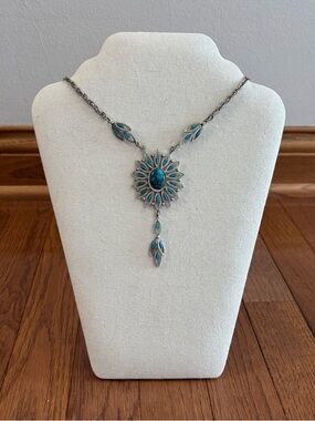 Silver Tone Chain Necklace with Native American Style Turquoise Pendant